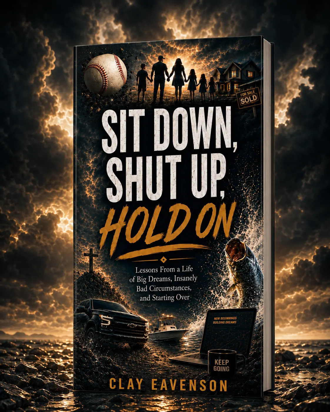 Sit Down, Shut Up, Hold On — book cover, standing on a storm-lit shoreline